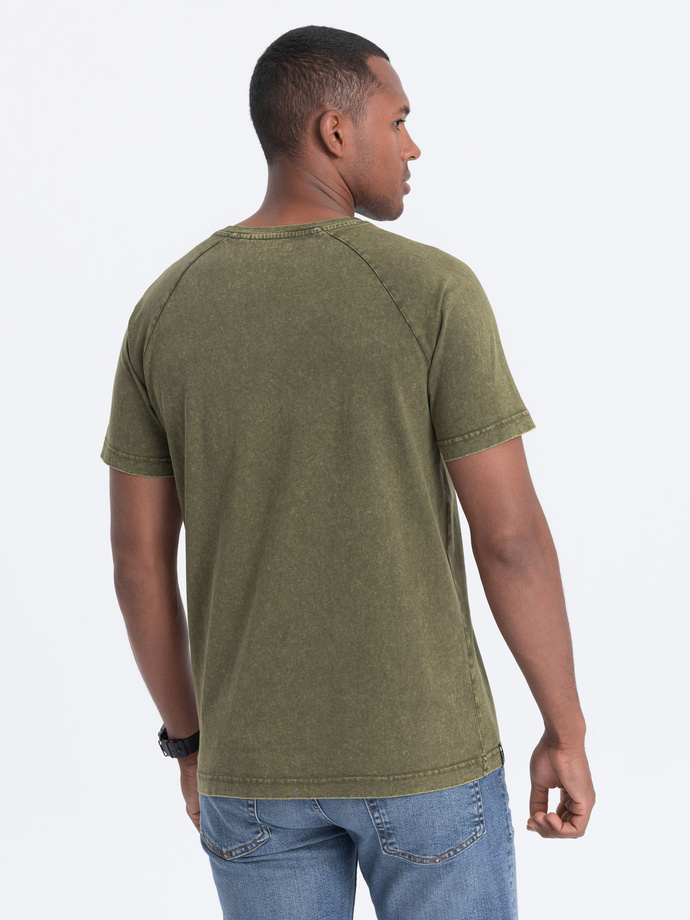 T-shirt męski z dekoltem henley - ciemnooliwkowy V4 S1757