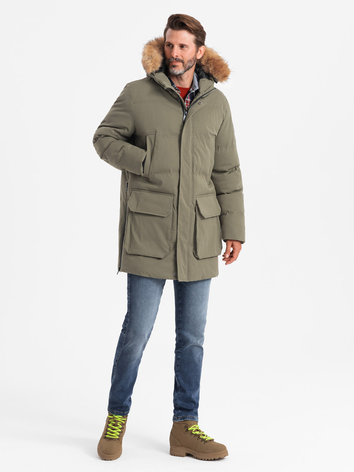Długa męska kurtka parka z rozpinanym dołem  – ciemnooliwkowa V4 OM-JALJ-0184