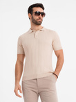 Męska koszulka polo z wiskozą SLIM FIT w pionowy prążek – beżowa V2 OM-POSS-0143