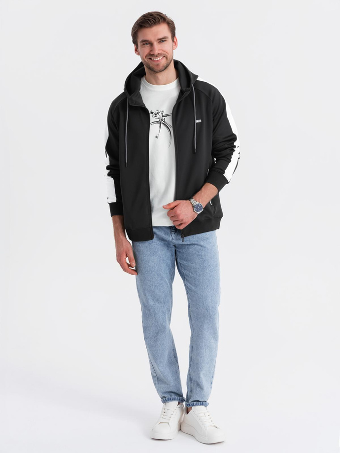 Męska rozpinana bluza z kapturem i lampasami - czarna V1 OM-SSZP-0210