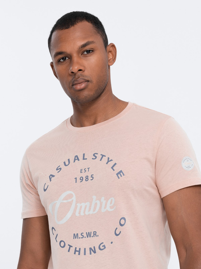 T-shirt męski bawełniany z nadrukiem - jasnoróżowy V3 S1752