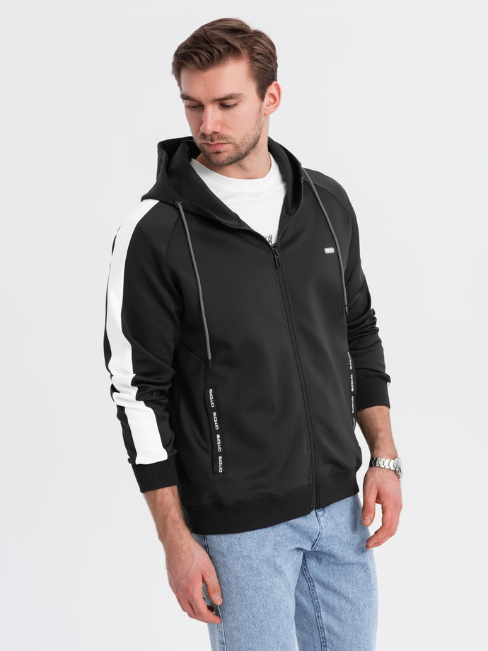Męska rozpinana bluza z kapturem i lampasami - czarna V1 OM-SSZP-0210