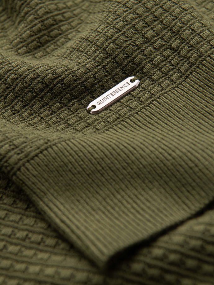 Strukturalny sweter męski z okrągłym dekoltem  – oliwkowy V1 OM-SWSW-0181
