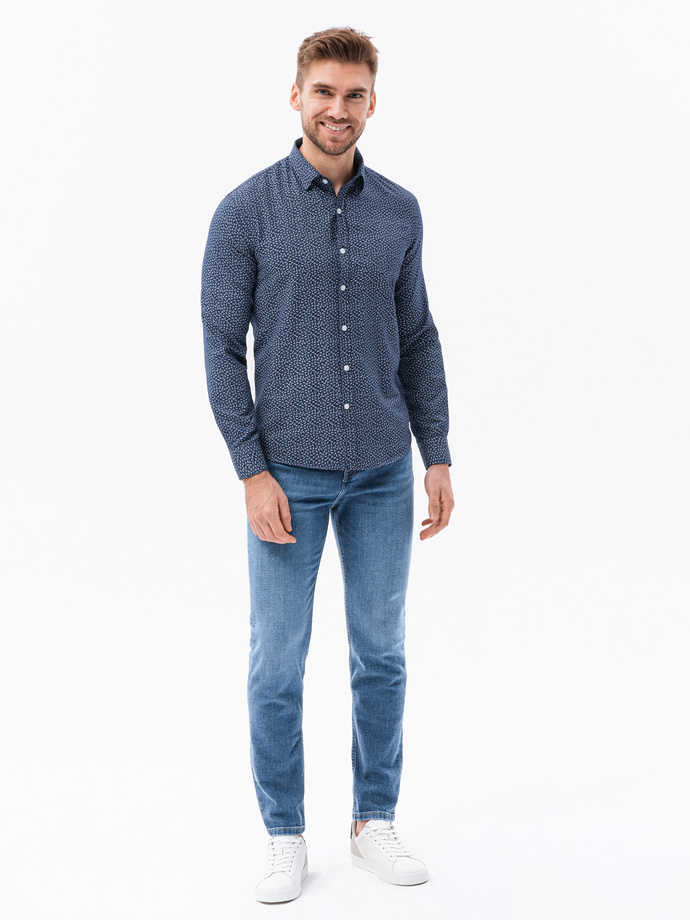 Bawełniana koszula męska z mikro printem paisley REGULAR FIT - granatowa V2 K636