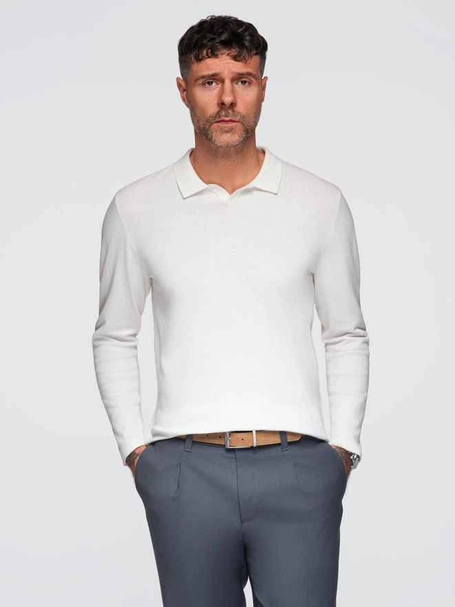 Sweter męski polo z haftem na piersi – biały V2 OM-POLS-0140