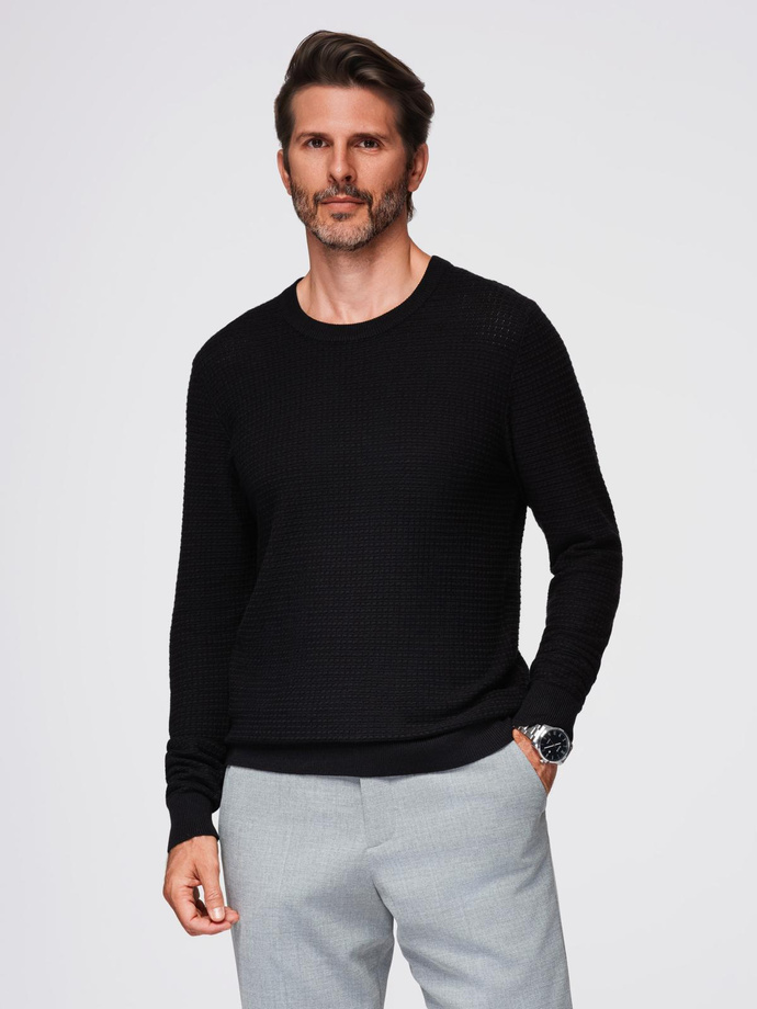 Strukturalny męski sweter z okrągłym dekoltem  – czarny V3 OM-SWSW-0181