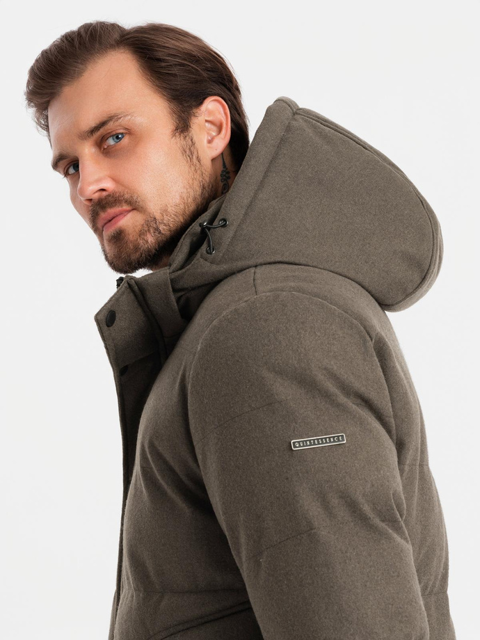 Męska kurtka casualowa puffer z wełną – ciemnooliwkowy melanż V4 OM-JAHP-0203