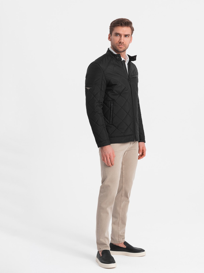 Ocieplana kurtka męska BIKER pikowana we wzór karo - czarna V1 OM-JALP-22FW-006