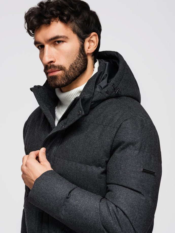 Casualowa męska kurtka puffer z wełną – czarny melanż V2 OM-JAHP-0203