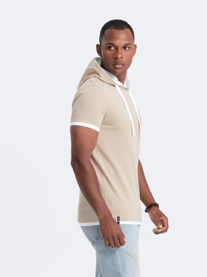 Męski casualowy t-shirt bawełniany z kapturem – beżowy V5 OM-TSCT-22SS-001