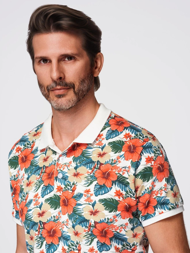 Koszulka polo bawełniana z nadrukiem w kwiaty – biała V1 OM-POSS-0149