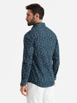 Męska koszula bawełniana we wzory SLIM FIT - ciemnoniebieska V1 OM-SHCS-0151