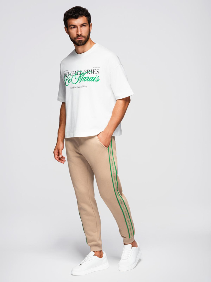 Sportowe spodnie męskie jogger z lampasami – brązowe V1 OM-PASK-0284