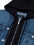 Kurtka męska jeansowa katana z kapturem - niebiesko-czarna OM-JADJ-0124