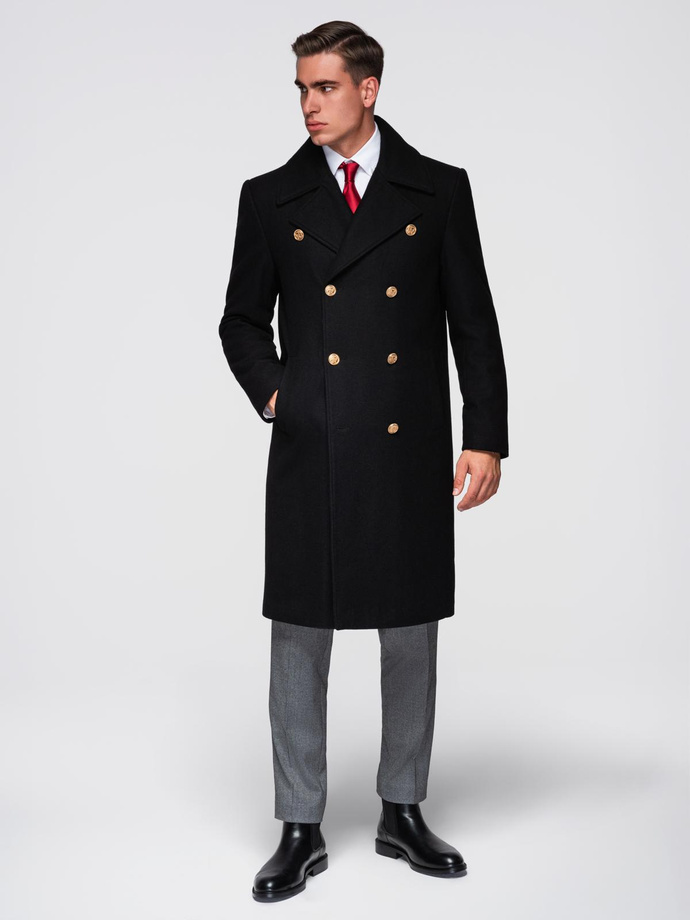 Elegancki militarny dwurzędowy płaszcz męski z wełną - czarny V1 OM-COWC-0145