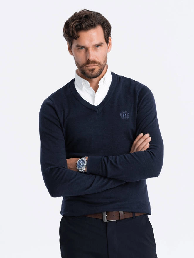 Sweter męski z białym kołnierzykiem - granatowy V2 E120