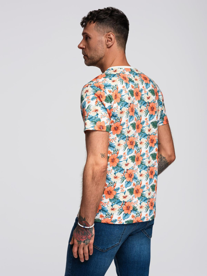 T-shirt męski bawełniany w kwiatowy wzór full print – biały V1 OM-TSFP-0249