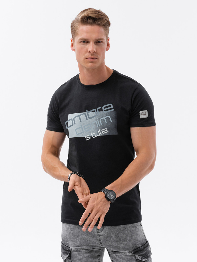 T-shirt męski bawełniany z nadrukiem - czarny V2 S1749