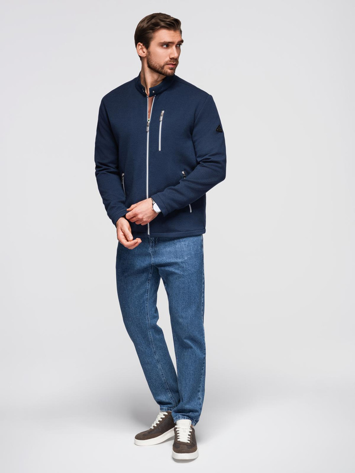 Strukturalna kurtka biker męska ze stójką – ciemnoniebieska V1 OM-JANP-0229