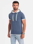 Casualowy męski t-shirt bawełniany z kapturem – ciemnoniebieski melanż V12 OM-TSCT-22SS-001
