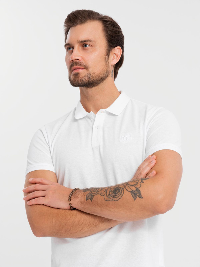 Komplet męskich bawełnianych t-shirtów polo BASIC – biały/bordowy/ciemnoniebieski V4 OM-POBS-0133