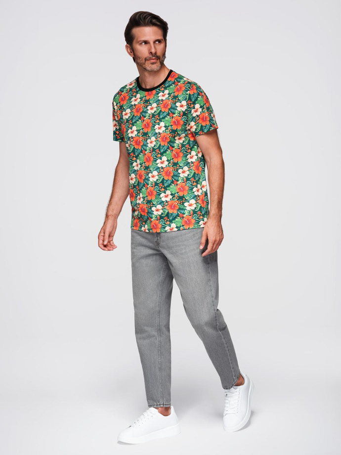 Męski t-shirt bawełniany w kwiatowy wzór full print – czarny V2 OM-TSFP-0249