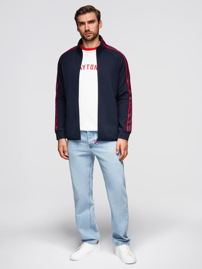 Bluza męska rozpinana z lampasami i wysoką stójką – granatowa V3 OM-SSZP-0224