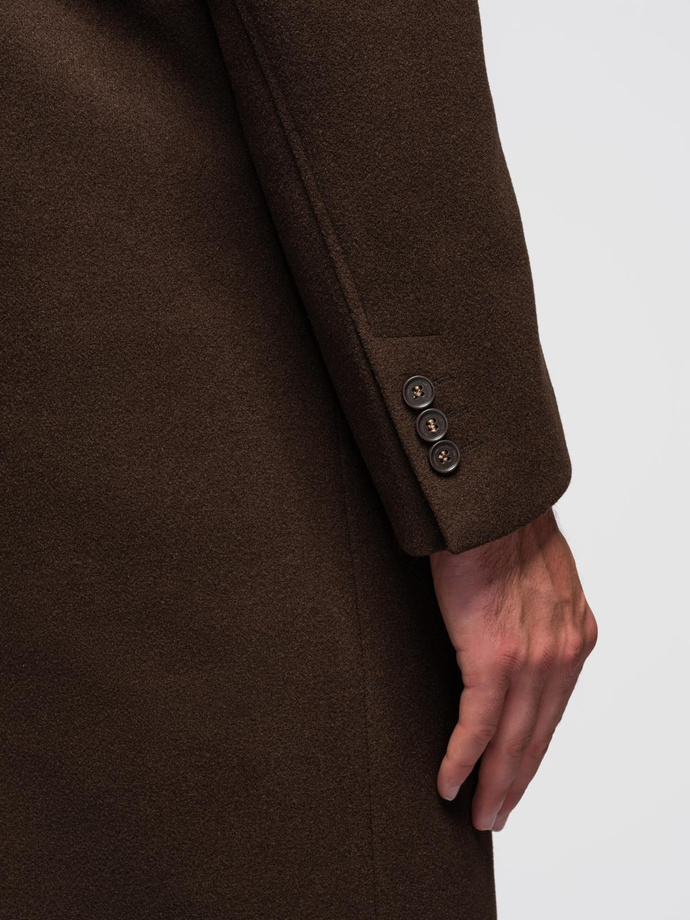 Jednorzędowy męski długi płaszcz z kołnierzykiem i podpinką – brązowy V4 OM-COWC-0135