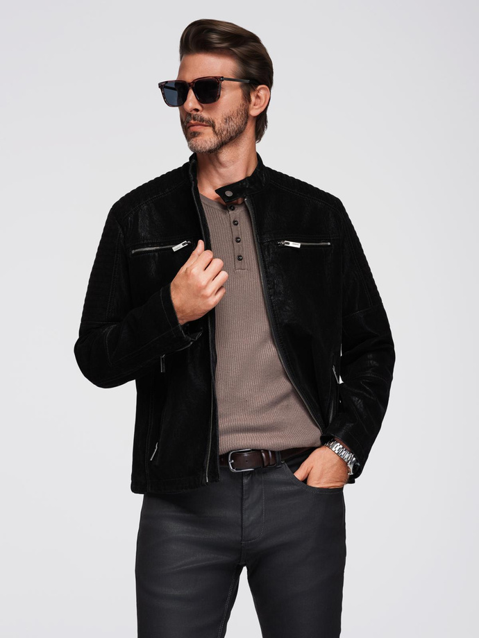 Kurtka męska biker ze stójką w stylu retro – czarna V2 OM-JAFL-0197