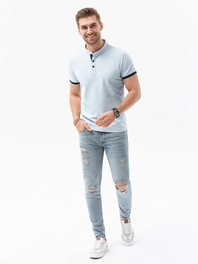 T-shirt męski polo bez kołnierzyka - szary melanż V10 S1381