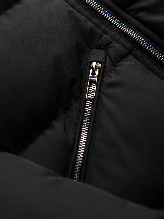 Kurtka pikowana męska o kroju ramoneski z kapturem - czarna V1 OM-JAHP-0252