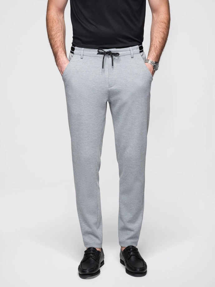 Dzianinowe spodnie męskie z gumką w pasie - jasnoszare V1 P1514