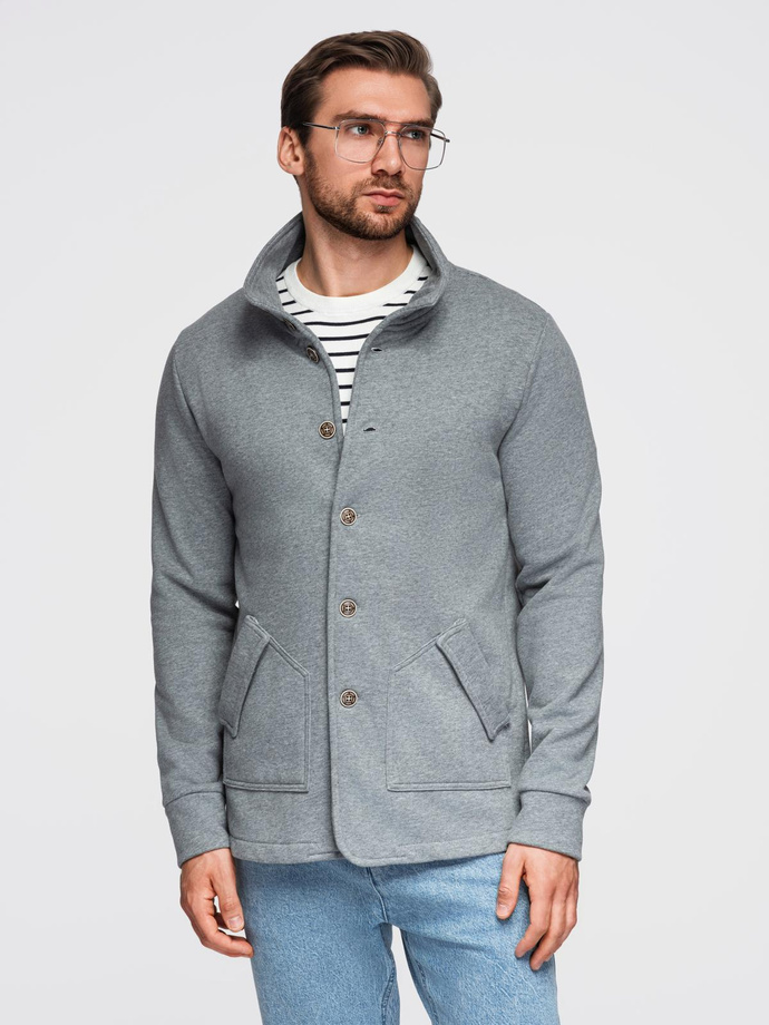 Bluza męska zapinana na guziki ze stójką – szary melanż V7 OM-SSZP-0240