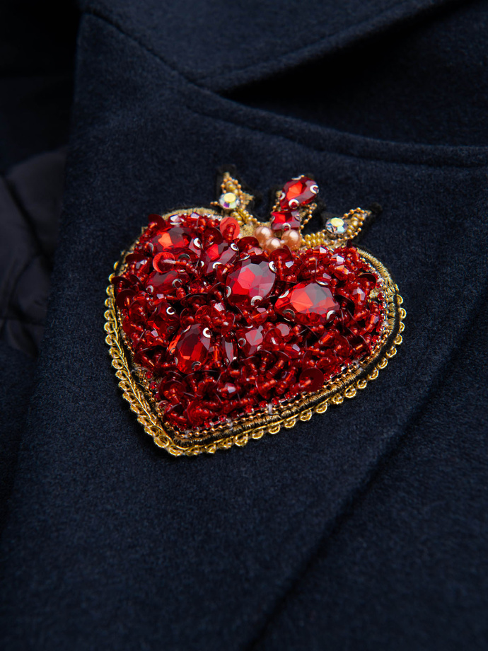 Męski dwurzędowy płaszcz z wełną oraz ozdobnymi aplikacjami - V1 granatowy OM-COWC-0149