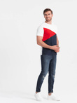 Trójkolorowy t-shirt męski bawełniany - biało-granatowy V3 OM-TSCT-0174