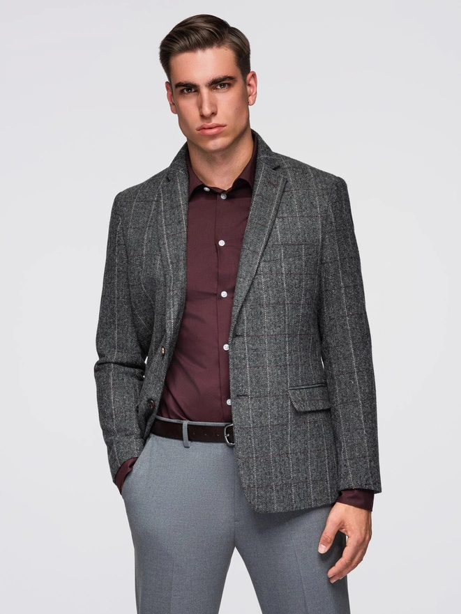 Elegancka męska marynarka w kratkę z domieszką wełny – szara V1 OM-BLZB-0137