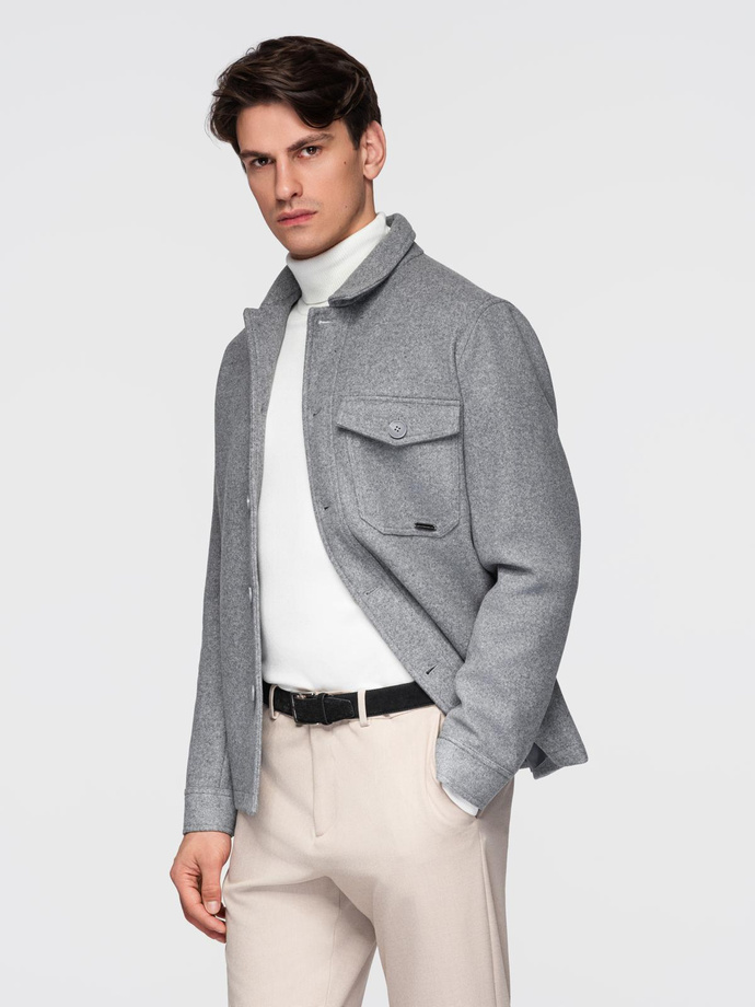 Lekka flauszowa kurtka męska z dodatkiem wiskozy – szara V2 OM-JANP-0199