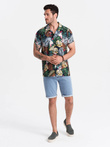 Wzorzysta męska koszula wiskozowa z krótkim rękawem – dżungla V10 OM-SHPS-0113