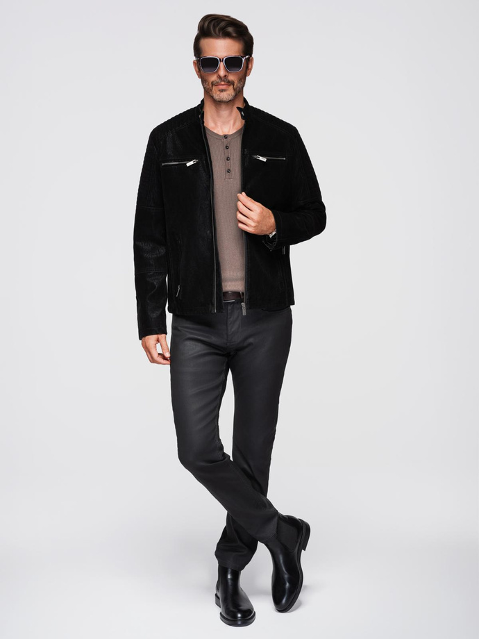 Kurtka męska biker ze stójką w stylu retro – czarna V2 OM-JAFL-0197