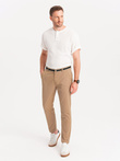 Męskie spodnie chino z ozdobną taśmą w pasie SLIM FIT – piaskowe V5 OM-PACP-0118