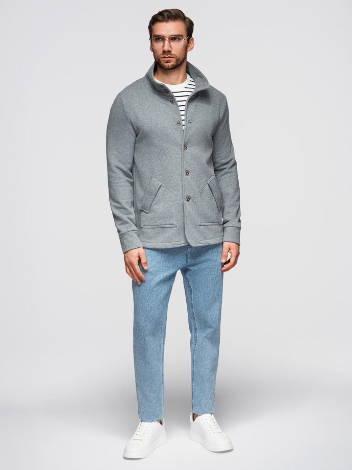 Bluza męska zapinana na guziki ze stójką – szary melanż V7 OM-SSZP-0240