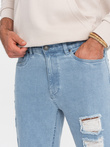Washowane męskie jeansowe spodnie TAPERED FIT z przetarciami – błękitne V1 OM-PADP-0163