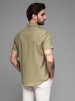 Męska koszula z bawełny i lnu z krótkim rękawem i kieszonką – oliwkowa V6 OM-SHSS-0167