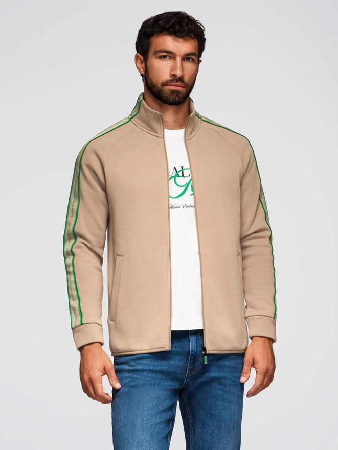 Bluza męska rozpinana z lampasami i wysoką stójką – brązowa V1 OM-SSZP-0224