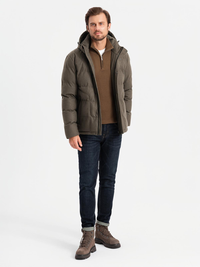 Męska kurtka casualowa puffer z wełną – ciemnooliwkowy melanż V4 OM-JAHP-0203