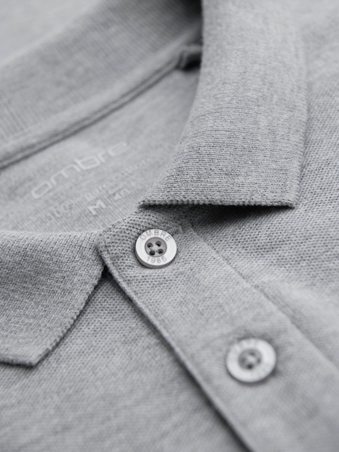 Męski longsleeve z kołnierzykiem polo BASIC – szary melanż V4 OM-POBL-0162