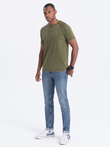 T-shirt męski z dekoltem henley - ciemnooliwkowy V4 S1757