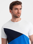 T-shirt męski trójkolorowy bawełniany - biało-niebieski V4 OM-TSCT-0174