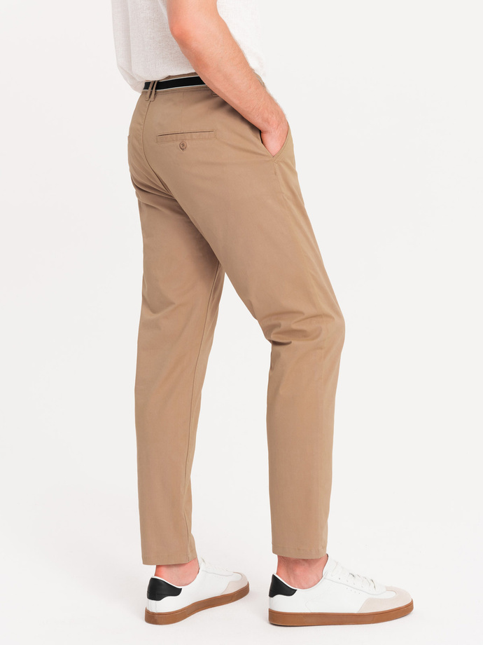 Męskie spodnie chino z ozdobną taśmą w pasie SLIM FIT – piaskowe V5 OM-PACP-0118