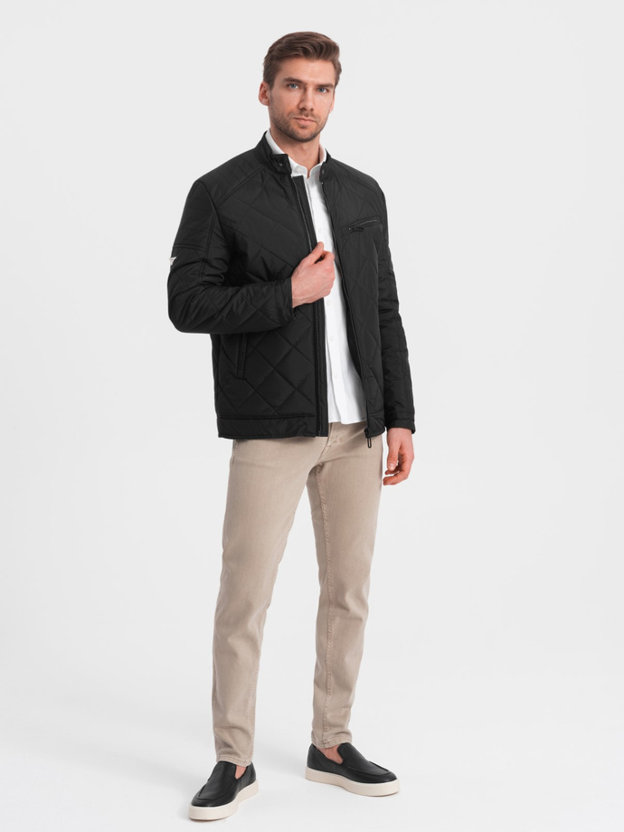 Ocieplana kurtka męska BIKER pikowana we wzór karo - czarna V1 OM-JALP-22FW-006